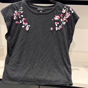 Calligraphie Black Tee with Floral Accents. Size M